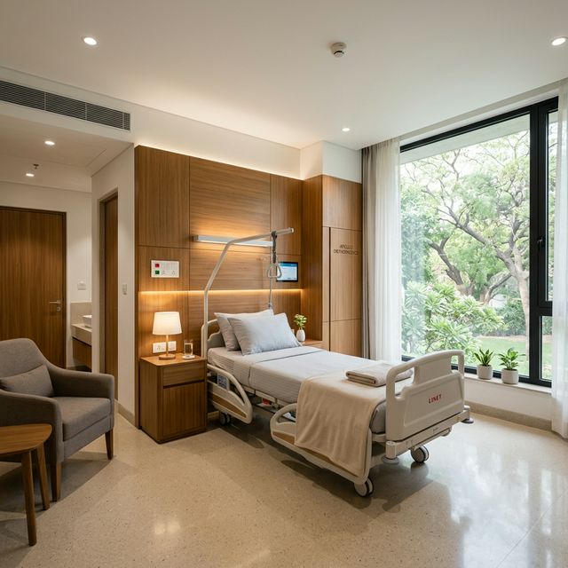 Inpatient hospital room facility with bed