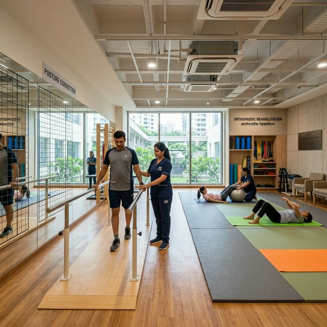 Indian physiotherapist guiding patient in parallel walking rehabilitation bars