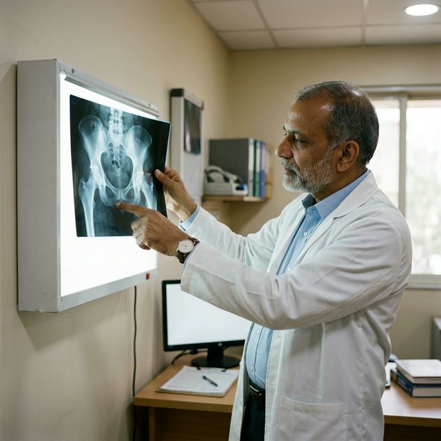 Senior Indian orthopaedic doctor reviewing X-ray scan