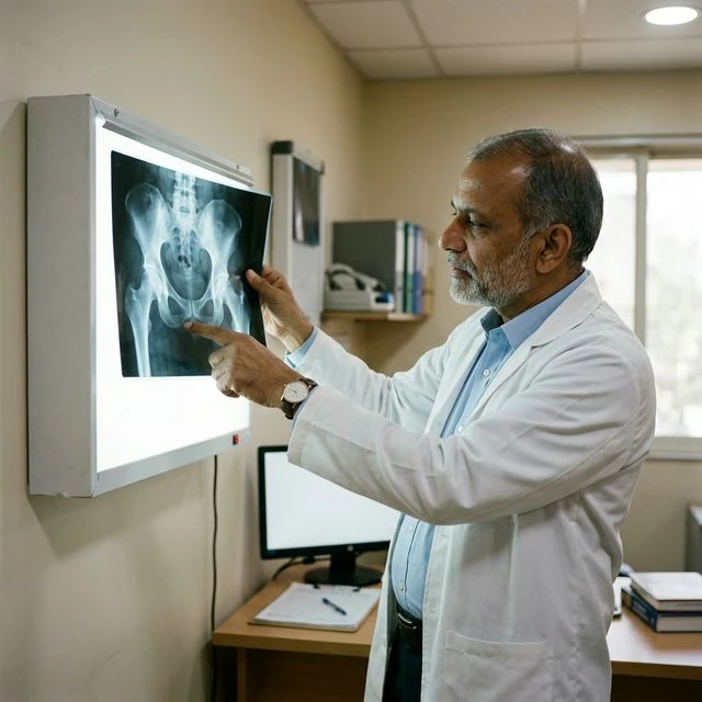 Senior Indian orthopaedic doctor reviewing X-ray scan