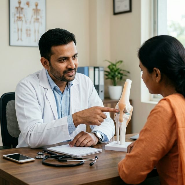 Indian doctor explaining knee joint anatomical model to patient